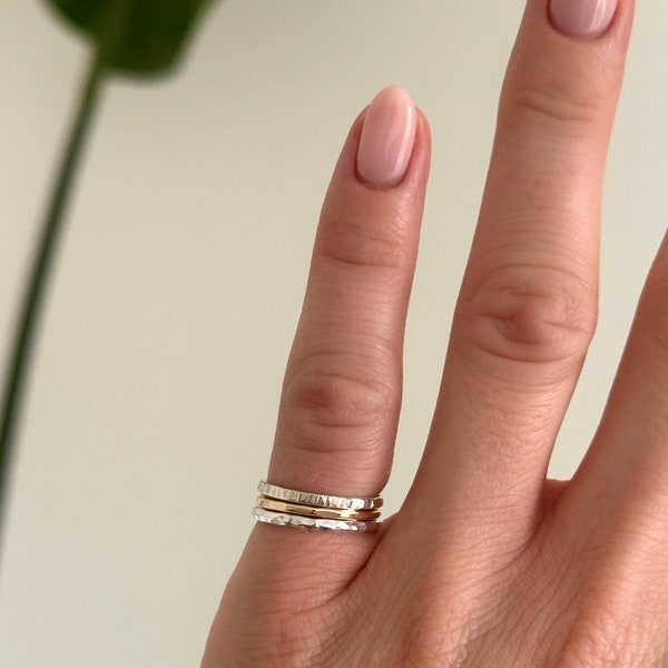 Sterling Silver and Solid Gold Pinky Stacking Ring Set | Tiny Dainty Ring | Recycled 925 Silver and 9ct Yellow Gold | Handmade 1.5mm Rings