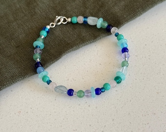 Bold Blue and Green Beaded Bracelet | Colourful Gemstone and Glass Seed Beads | Sterling Silver