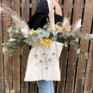 BAUMWOLLBEUTEL Bienen Blumen Botanical | Tragetasche Baumwolltasche Stoffbeutel Jutebeutel | Geschenk Einkaufen Line Art Minimalistisch