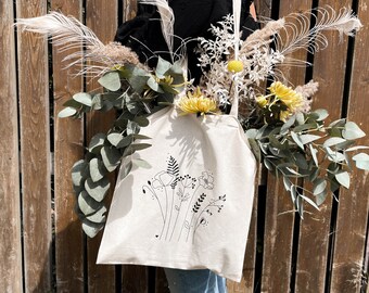 BAUMWOLLBEUTEL Wildblumen Botanical Floral | Tragetasche Baumwolltasche Stoffbeutel Jutebeutel | Geschenk Einkaufen Line Art Minimalistisch