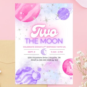 EDITABLE, Two the Moon Birthday Party Invitation, Two the Moon Party, Digital Two the Moon Invitation, Girl&#39;s Space Birthday, TEMPLATE