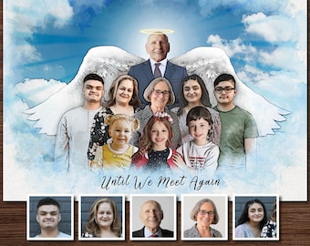 Custom Watercolor Family Memorial Portrait with Angel Wings, Until we meet again. In Loving Memory, Guardian Angel Memorial Paint on canvas