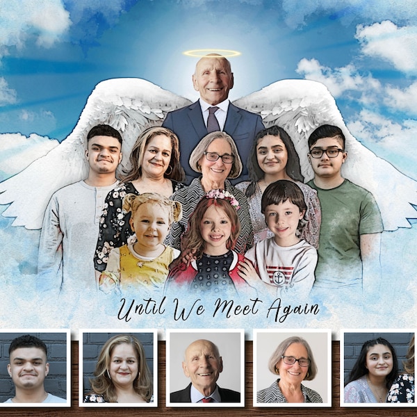 Custom Watercolor Family Portrait with Angel Wings, Memorial Gift for Loss of Father, Bereavement Keepsake Father's Day Gift