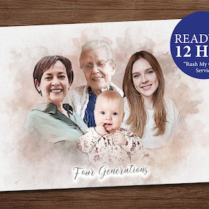 May include: A watercolor painting of four generations of a family. The painting features a baby girl, her mother, grandmother, and great-grandmother. The women are all smiling and looking at the camera. The painting is set against a soft, watercolor background. The text "Four Generations" is written at the bottom of the painting.