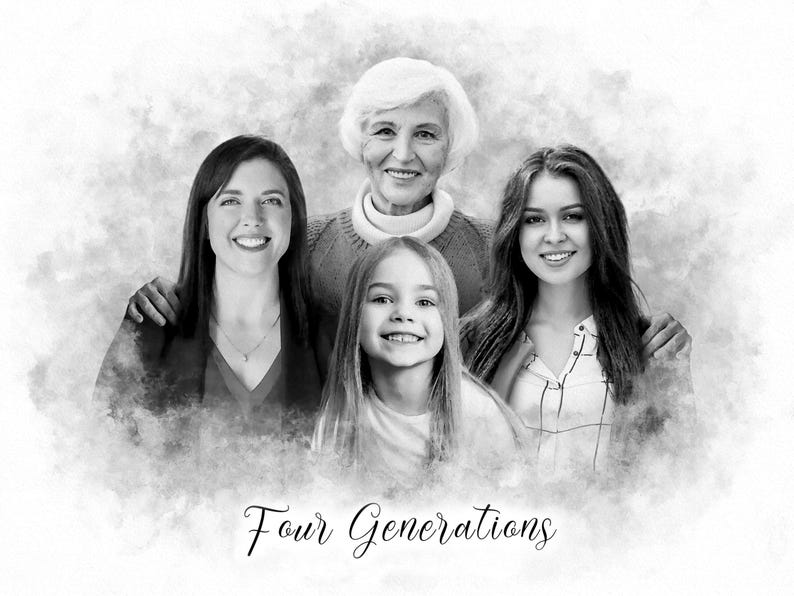 Custom Family Generations Portrait, Black and White Sketch, Keepsake ...