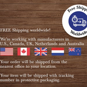 Puede incluir: Un fondo de madera con texto que dice "FREE Shipping worldwide!" y "We're working with manufacturers in U.S., Canada, UK, Netherlands and Australia". El texto est&aacute; acompa&ntilde;ado por las banderas de los Estados Unidos, Canad&aacute;, el Reino Unido, los Pa&iacute;ses Bajos y Australia.