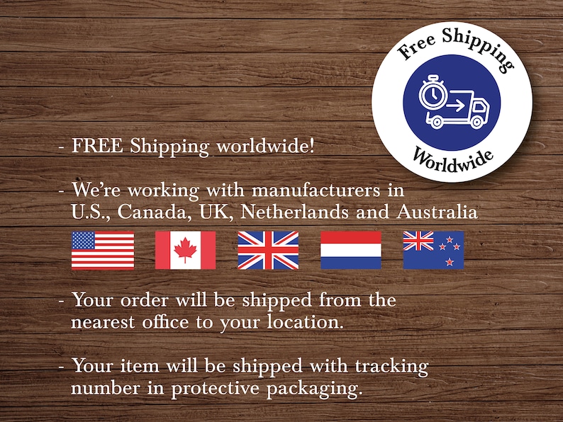 Puede incluir: Un fondo de madera con texto que dice "FREE Shipping worldwide!" y "We're working with manufacturers in U.S., Canada, UK, Netherlands and Australia". El texto est&aacute; acompa&ntilde;ado por las banderas de los Estados Unidos, Canad&aacute;, el Reino Unido, los Pa&iacute;ses Bajos y Australia.