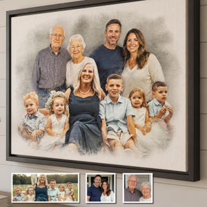 May include: A large framed canvas print featuring a digital watercolor-style family portrait of ten people across three generations, including grandparents, parents, and children, set against a soft, neutral, blended background.