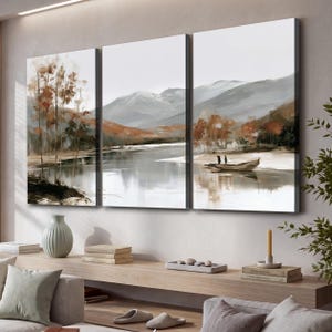 Väggkonst med bergslandskap, kanvas med sjöhus, neutral triptyk i 3 delar, rustik väggdekoration med natur, höstmålning med sjö