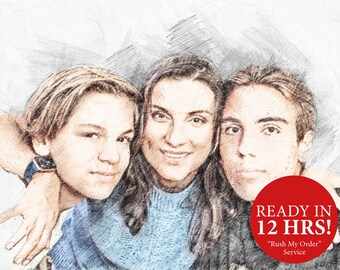 Personalized Pencil Portrait for Family, Custom Sketch Drawing from Photo, Christmas Gift Idea - Customized Pencil Portrait from Photo