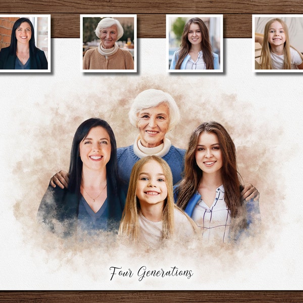 Watercolor Family Portrait from Multiple Photos, Birthday Gift, Anniversary Gift, Family Portrait, Mother's Day Gift, Four Generations