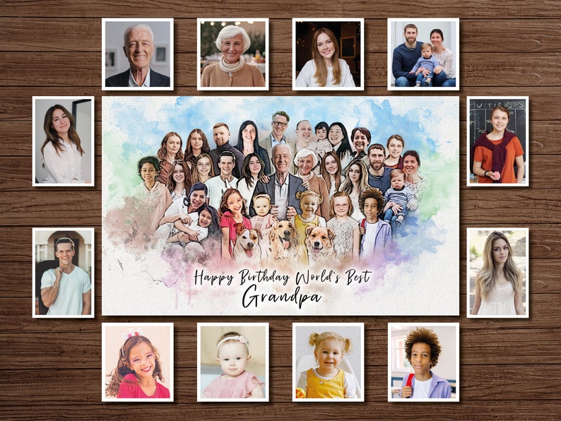 Puede incluir: Una pintura de acuarela de una gran familia con perros, con el texto "Happy Birthday World's Best Grandpa".