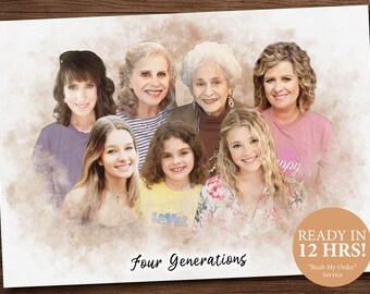 May include: A watercolor painting of four generations of a family. The women are smiling and looking at the camera. The painting is in shades of brown, pink, and purple. The text "Four Generations" is written at the bottom of the painting.