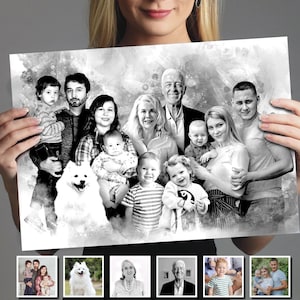 以下が含まれることがあります： さまざまな年齢の人々、子供や犬を含むグループを特徴とする白黒の家族の肖像画。画像は人が持っています。肖像画は水彩効果があります。