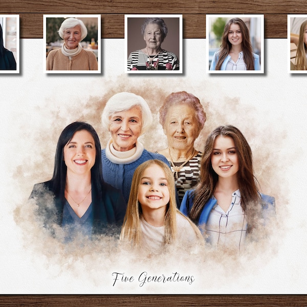 Mothers Day Gift from Daughter, Mothers Day Portrait from Photo, Gift for Grandma, Mom, Mother, Nana, Family Photo, Five Generations