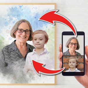 Family Portrait From Different Photos, Add Person to Photo, Add Deceased Loved One - Personalized Watercolor Portrait for Mom Dad