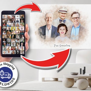 Puede incluir: Una pintura de acuarela de cuatro generaciones de una familia. La pintura presenta un abuelo, padre, hijo y nieto. La pintura está en un lienzo y tiene un fondo blanco. El texto "Four Generations" está escrito debajo de la pintura.