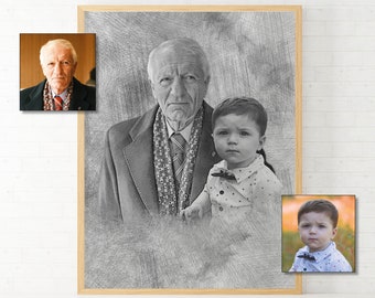 May include: A black and white pencil sketch of an older man with a younger boy. The man is wearing a suit jacket, a patterned scarf, and a tie. The boy is wearing a white shirt with black polka dots and a bow tie.