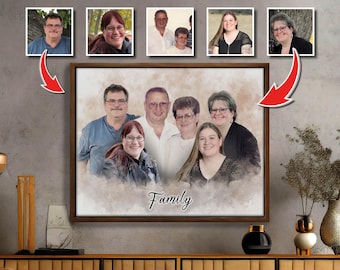 May include: A watercolor painting of a family portrait. The painting features six people, three women and three men, with the word "Family" written in cursive at the bottom.