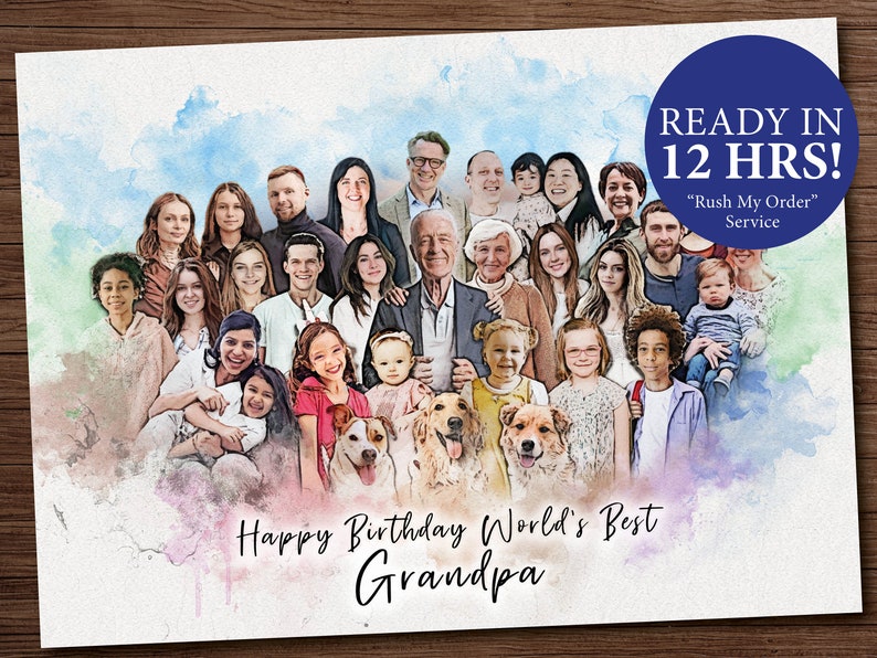 Puede incluir: Una pintura de acuarela de una gran familia con dos perros. La familia est&aacute; de pie frente a un fondo de acuarela azul claro y rosa. El texto "Happy Birthday World's Best Grandpa" est&aacute; escrito en la parte inferior de la imagen.