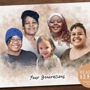 Watercolor Family Portrait From Photos, Memorial Gift for Mom, Loss of Loved Ones Gift, Mother’s Day Gift, Four Generations