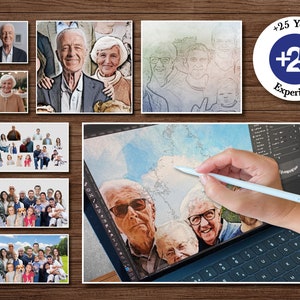 May include: A digital illustration of a family portrait being created on a laptop. The image shows a hand using a stylus to draw on a digital canvas. The image is surrounded by smaller images of the family members. The text '+25 Years Experience' is visible in the top right corner.