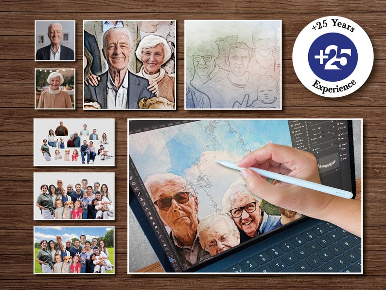 May include: A digital illustration of a family portrait being created on a laptop. The image shows a hand using a stylus to draw on a digital canvas. The image is surrounded by smaller images of the family members. The text '+25 Years Experience' is visible in the top right corner.