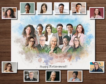 May include: A watercolor painting of a group of people, with the text "Happy Retirement!" at the bottom. The people are smiling and appear to be colleagues or friends.
