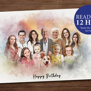 Custom Watercolor Family Portrait, Gift for Grandfather, Custom Portrait, Photo Merge, Combine Picture, Personalized Family Painting