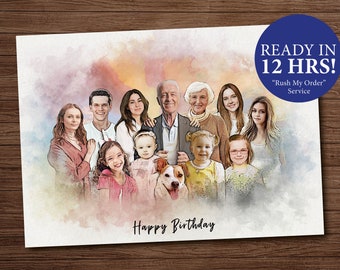 Custom Watercolor Family Portrait: Photo Merge, Personalized Painting