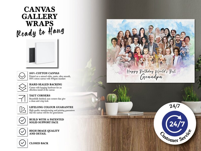 Puede incluir: Una pintura de acuarela de un gran grupo familiar con el texto "Happy Birthday World's Best Grandpa". La pintura est&aacute; impresa en un lienzo estirado, listo para colgar.