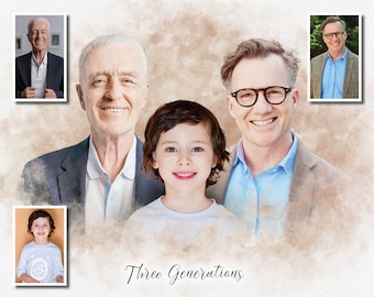 Fathers Day Gift, Custom Watercolor Dad Portrait, Personalized Portrait Gift for Dad, Watercolor Portrait from Photo, Three Generations