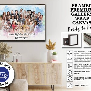 May include: A framed canvas print with a watercolour background featuring a large family portrait. The text "Happy Birthday World's Best Grandpa" is printed at the bottom of the canvas. The canvas is ready to hang and comes with a walnut frame.