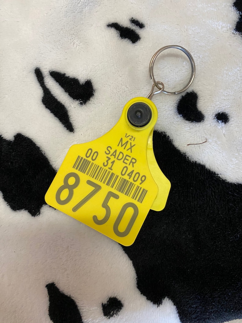 May include: A yellow livestock ear tag with the text "MX SADER" and the number "8750" printed on it. The tag is attached to a silver key ring. The background is a black and white cow print.
