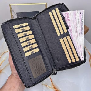 Genuine Leather Clutch Wallet: Black Wristlet Purse with Card Slots