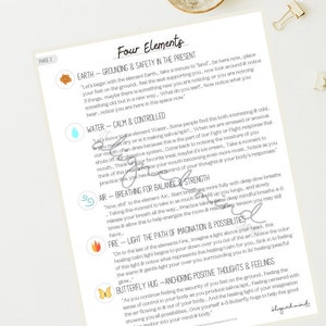 Puede incluir: Una hoja de trabajo imprimible con un fondo azul claro y texto negro. La hoja de trabajo se titula "Four Elements" e incluye cuatro secciones: Tierra, Agua, Aire y Fuego. Cada sección tiene un símbolo y una descripción de cómo usar el elemento para la conexión a tierra, la calma, la respiración y la imaginación.