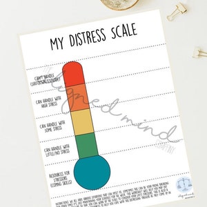 Pode incluir: Um termômetro de escala de angústia imprimível com um gradiente de cor arco-íris. A escala é etiquetada com diferentes níveis de estresse, de "Não consigo lidar (Desligamento/Explosão)" a "Recursos para os fatores estressantes (Habilidades de enfrentamento)".