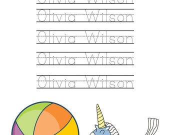 Könnte beinhalten: Ein ausdruckbares Arbeitsblatt für Kinder, um das Schreiben ihres Namens zu üben. Das Arbeitsblatt zeigt den Namen "Olivia Wilson" fünfmal mit gepunkteten Linien zum Nachzeichnen. Am unteren Rand der Seite befinden sich ein bunter Strandball und eine Illustration eines blauen Einhorns.
