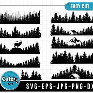 Forest Tree Silhouette SVG Bundle, File tagliati a strati, pini, sublimazione tumbler wrap, cricut, campeggio, montagna, caccia, cervo, boschi