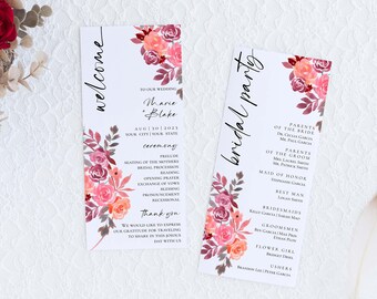 DRUCKBARES DIY Hochzeits-Programm, Aquarell bold blush Florals editierbares Zeremonienprogramm, personalisierte Zeitleiste, Templett Download