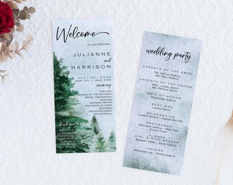 DRUCKBARES DIY Hochzeits-Programm, Aquarell Grün / Wald editierbares Zeremonienprogramm, personalisierte Zeitleiste, Templett Download