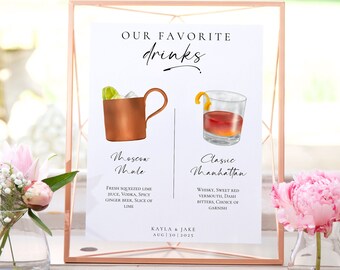 Benutzerdefinierte Signatur Cocktails, digitaler Aquarelldruck, Getränkekarte auf Bestellung, druckbar, Hochzeitsbar-Menü, personalisierte Aquarellzeichnung