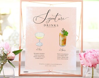 Soft Pink Hochzeit Bar Menü Vorlage, 8x10 "Bar - Signature Cocktails Hochzeitsschild Templett, modernes Hochzeit Getränkeschild druckbar EDITIERBAR