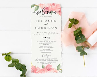 DRUCKBARES DIY Hochzeits-Programm, Aquarell Blush Florals bearbeitbares Zeremonienprogramm, personalisierte Zeitleiste, Templett Download