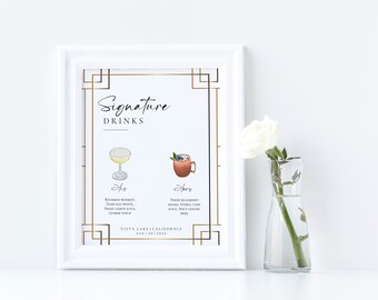 Art-Deco-Hochzeitsbar-Menü-Vorlage, 8x10-Zoll-Bar - Signature-Cocktails-Hochzeitsschild Templett, modernes Hochzeitsgetränkschild Printable EDITIERBAR