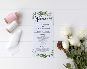 DRUCKBARES DIY Hochzeits-Programm, Aquarell Grünpapier bearbeitbares Zeremonienprogramm, personalisierte Zeitleiste, Templett Download, individualisierbar