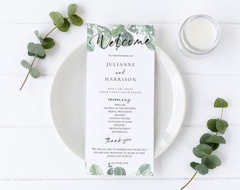 DRUCKBARES DIY Babyatmen Hochzeits-Programm, eukalyptus editierbares Zeremonienprogramm, personalisierte Zeitleiste, Templett Download, individualisierbar