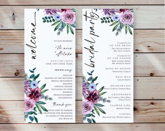 DRUCKBARES DIY Hochzeits-Programm, aquarell moody florales bearbeitbares Zeremonienprogramm, personalisierte Zeitleiste, Templett Download