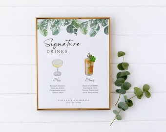 Baby's Breath Signature Cocktail Vorlage, 8x10 "Bar - Signature Wedding Bar Menü Templett, weiße Rose Hochzeitsgetränk Schild Printable EDITIERBAR