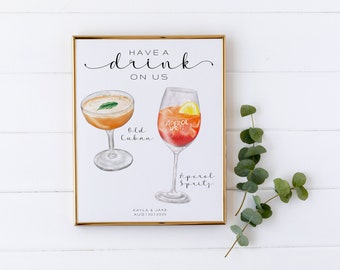 Bar Menü Vorlage, 8x10 "Bar - Signature Cocktails Hochzeitsschild Templett, Aquarell Cocktails, modernes Hochzeitsgetränk Schild Printable EDITIERBAR
